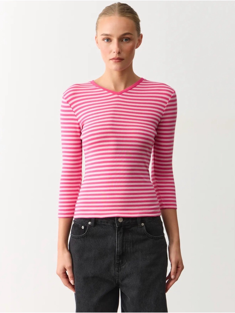 Glassons Cotton V Neck Three Quarter Top - Pink Paradise Samma Stripe